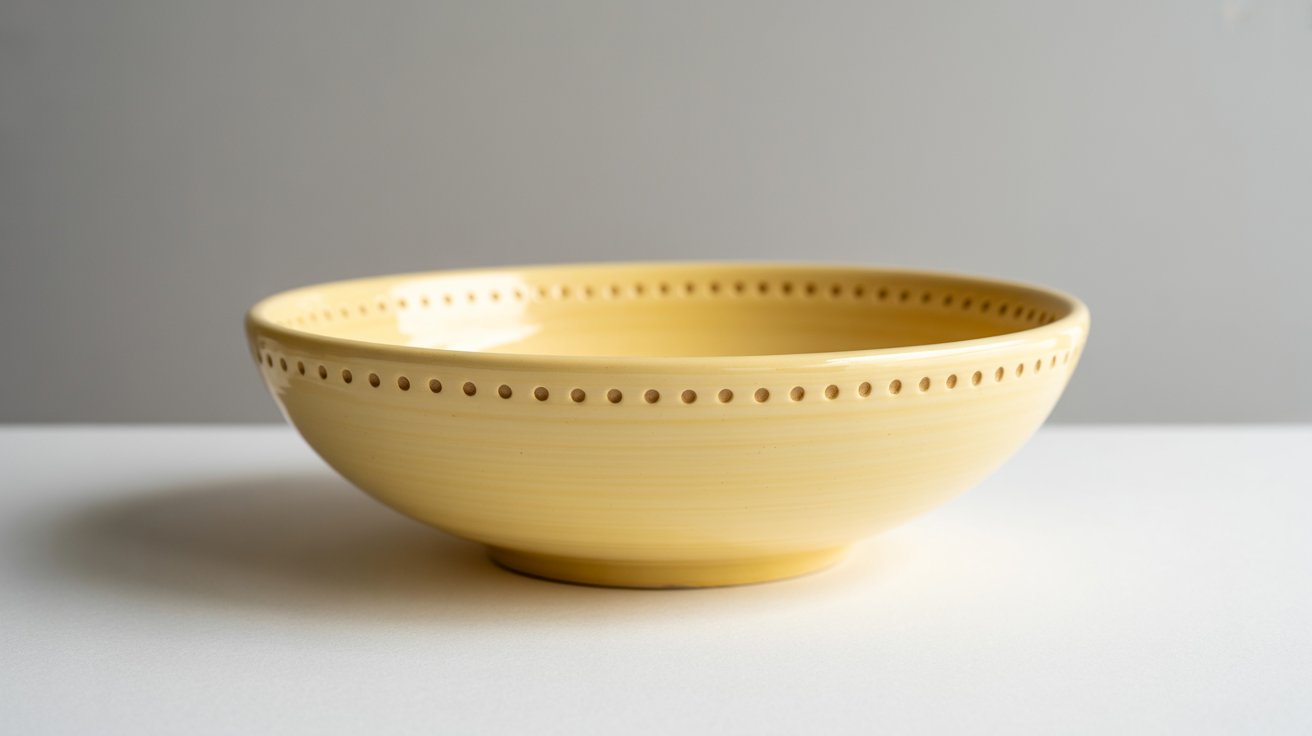 A yellow bowl featuring holes on the side, designed for draining or straining food items.