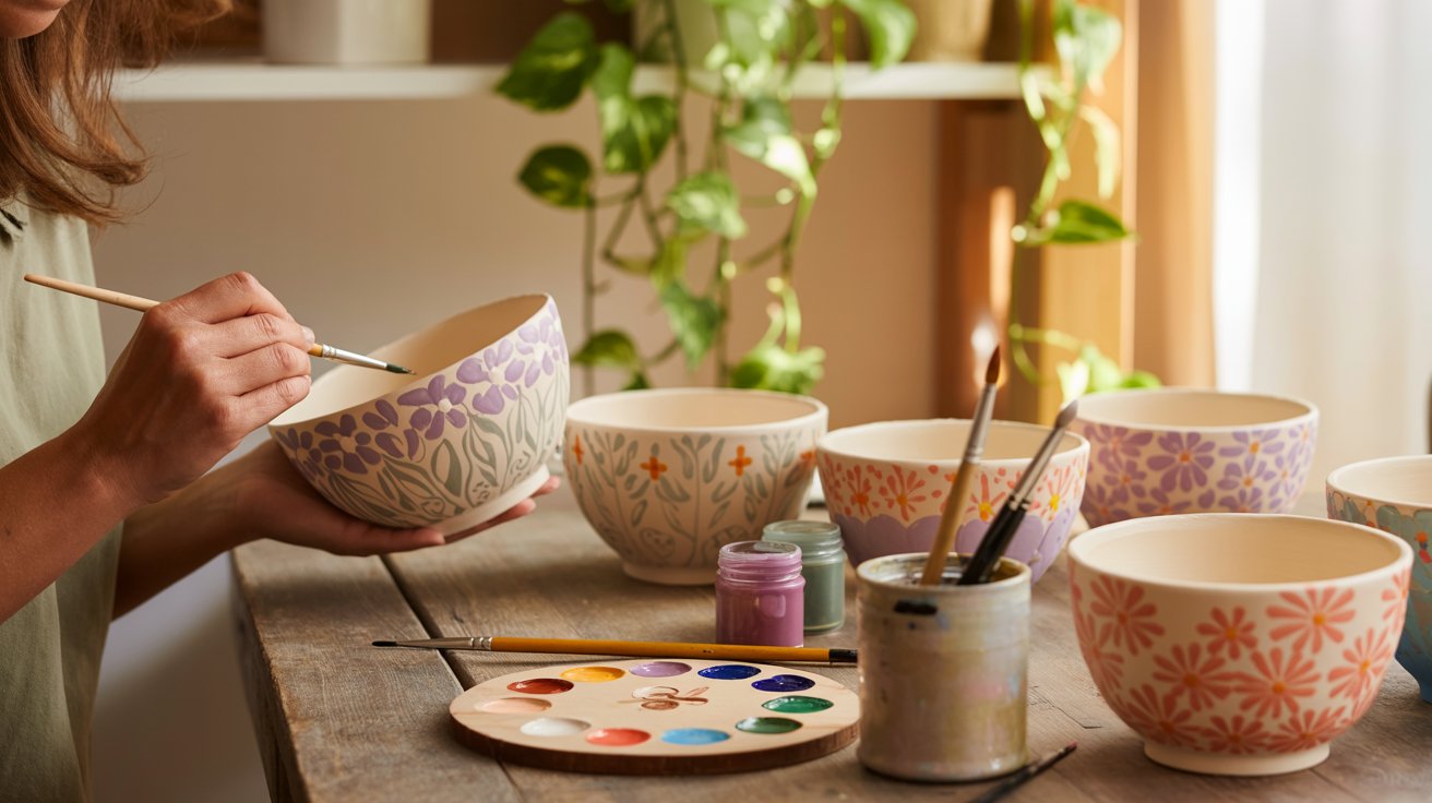 A woman paints decorative bowls using various colors and brushes, showcasing her artistic skills and creativity.