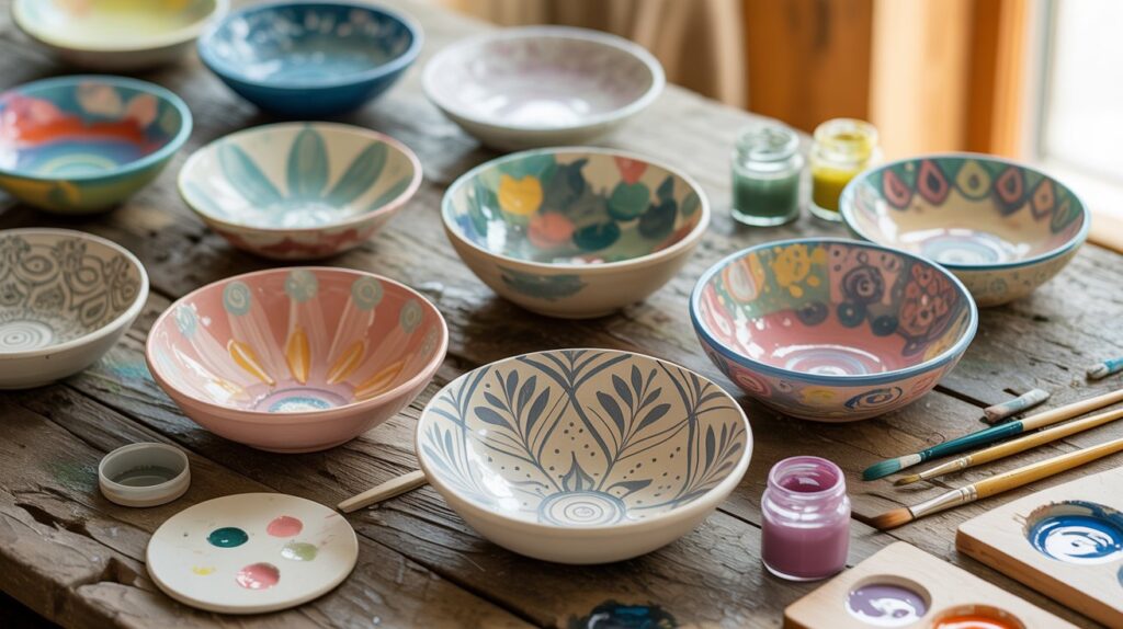 A variety of colorful bowls arranged neatly on a table, showcasing vibrant hues and diverse designs.