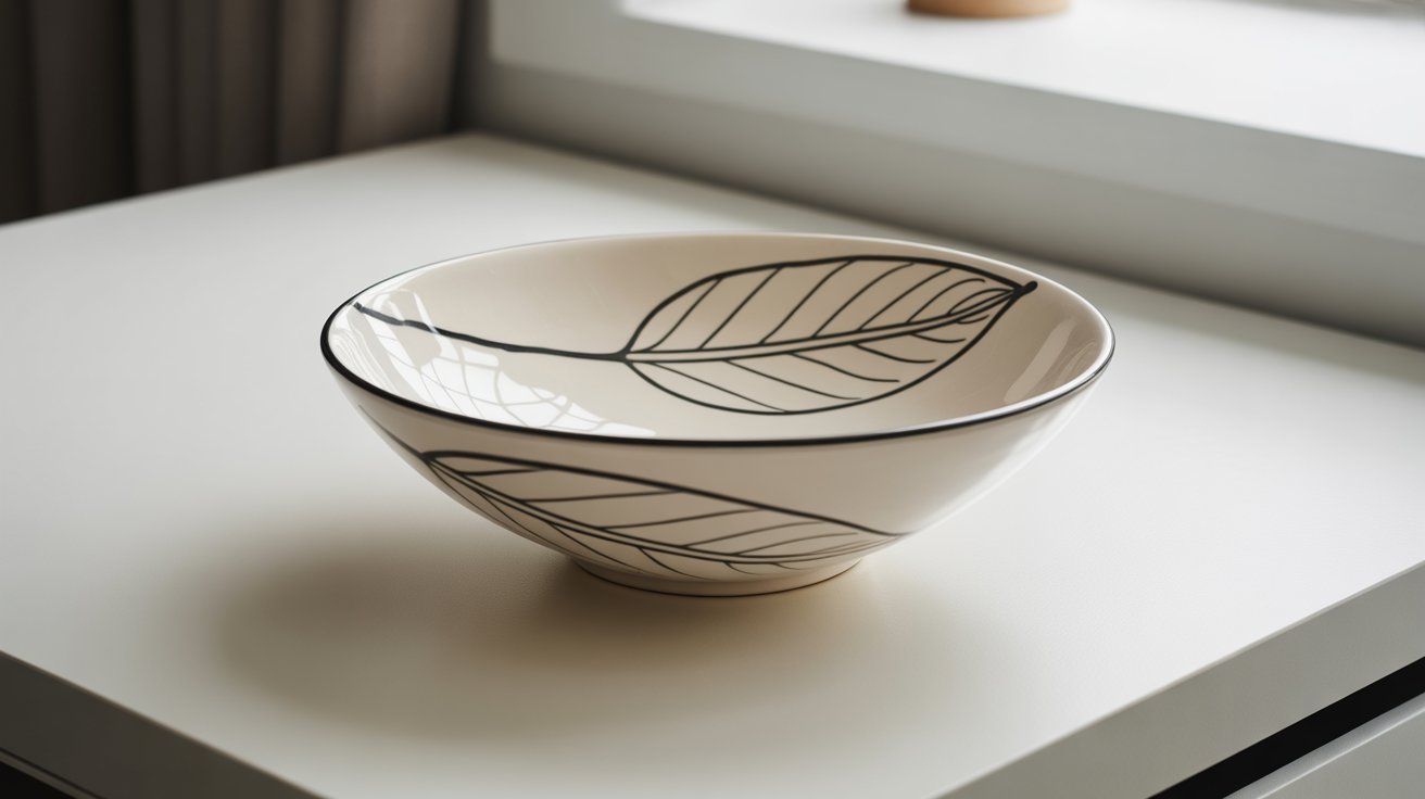 A decorative bowl with a leaf design rests on a wooden table, showcasing its intricate pattern and craftsmanship.