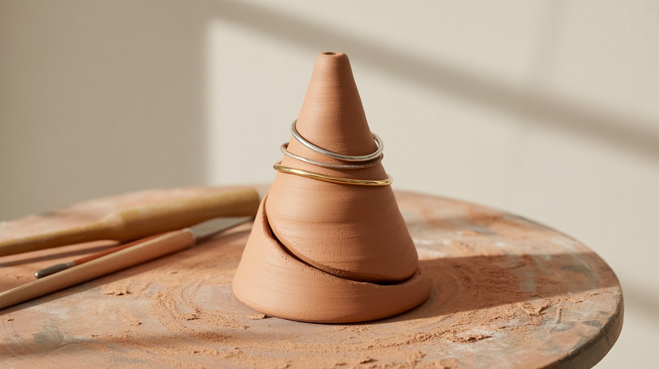 A clay cone with two decorative rings placed on its apex, highlighting a unique artistic arrangement.