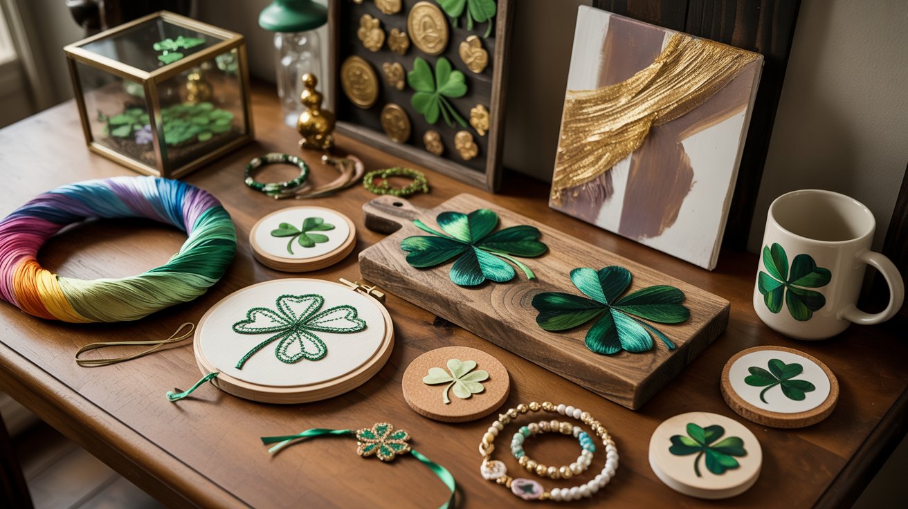 A table displays a shamrock, a rainbow, and a pot of gold, symbolizing luck and treasure in a festive setting.