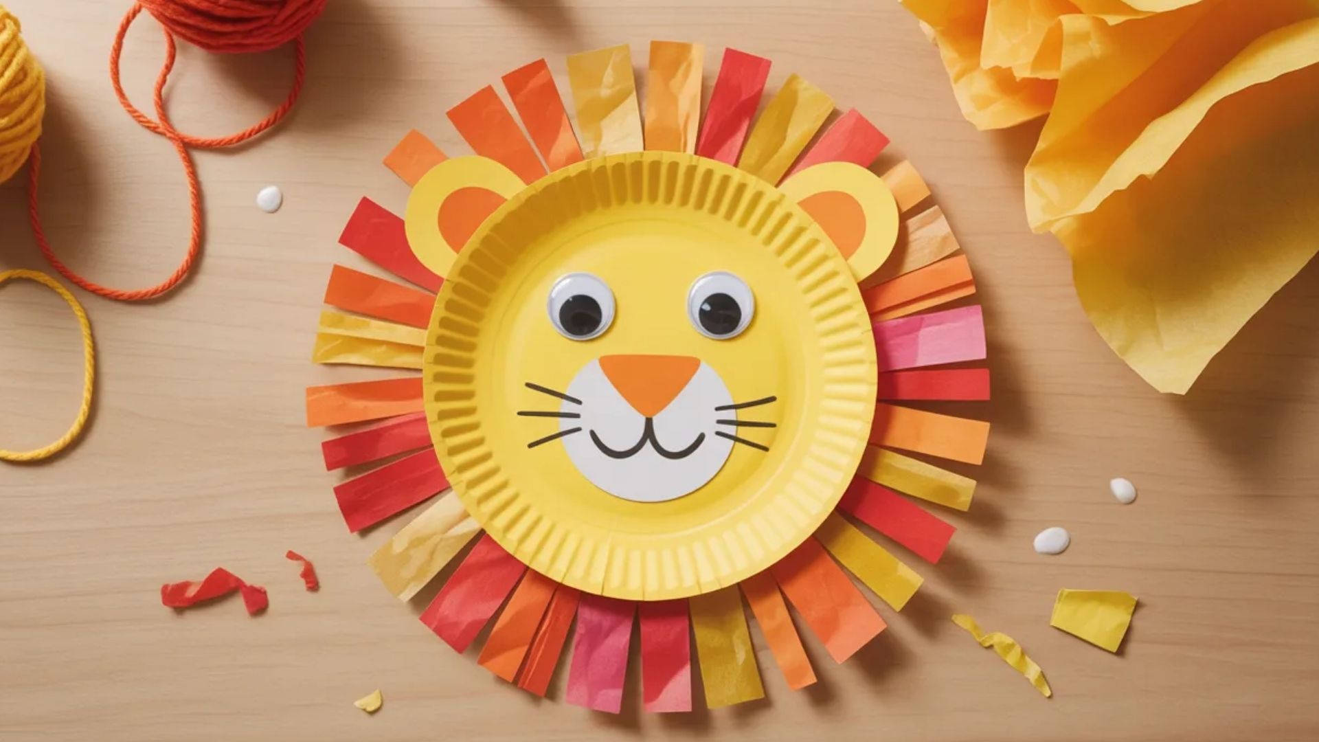Colorful paper plate lion craft for kids, featuring a cheerful face and vibrant mane made from paper strips.