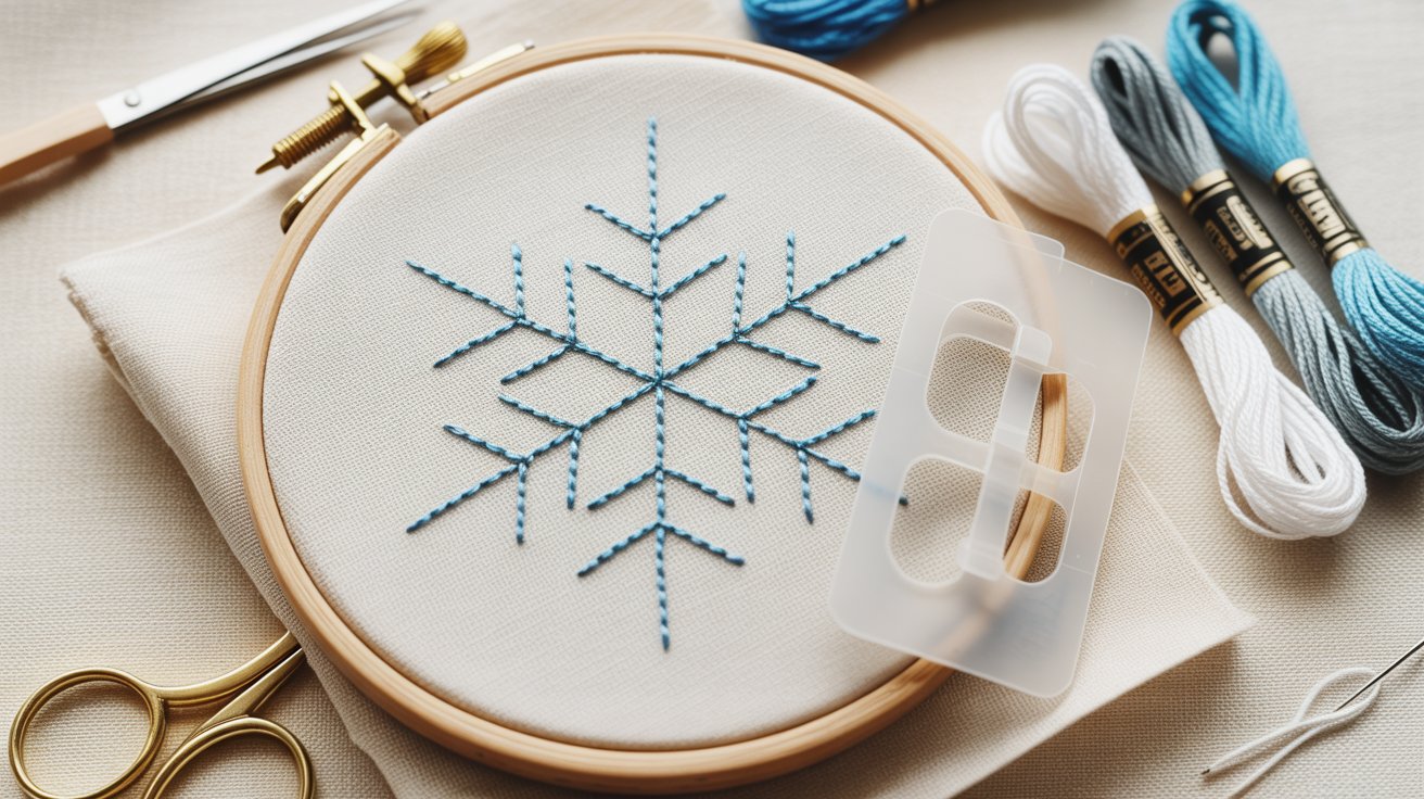 Cross stitch embroidery kit featuring a detailed snowflake design, perfect for winter-themed crafting projects.