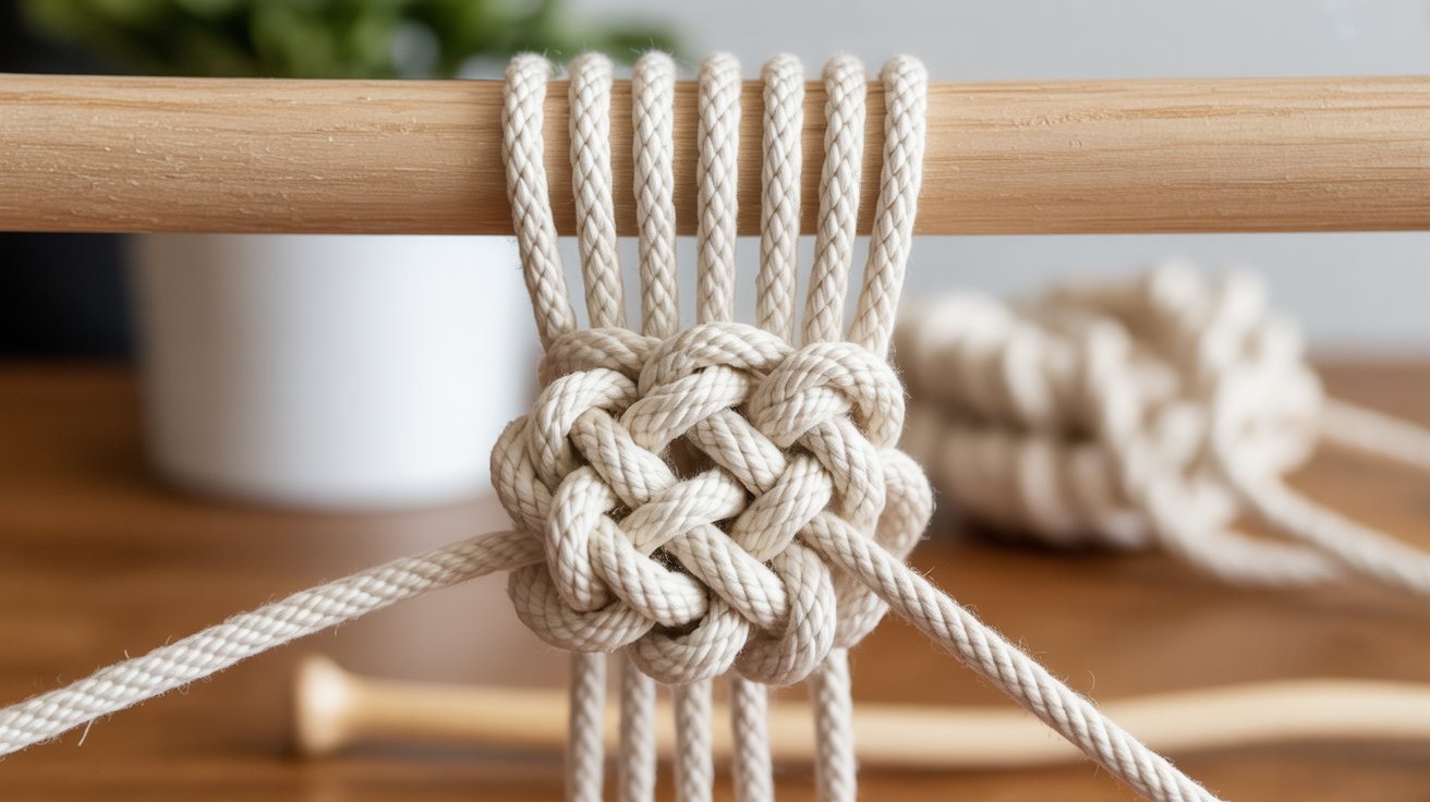 A tightly tied knot is secured to the leg of a wooden chair, showcasing a practical use of rope.