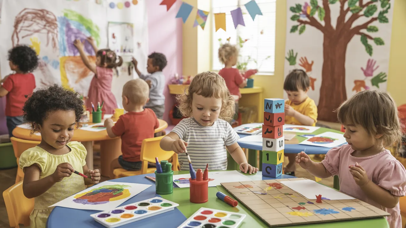 Children engaged in play at a classroom table, surrounded by educational materials and colorful decorations.