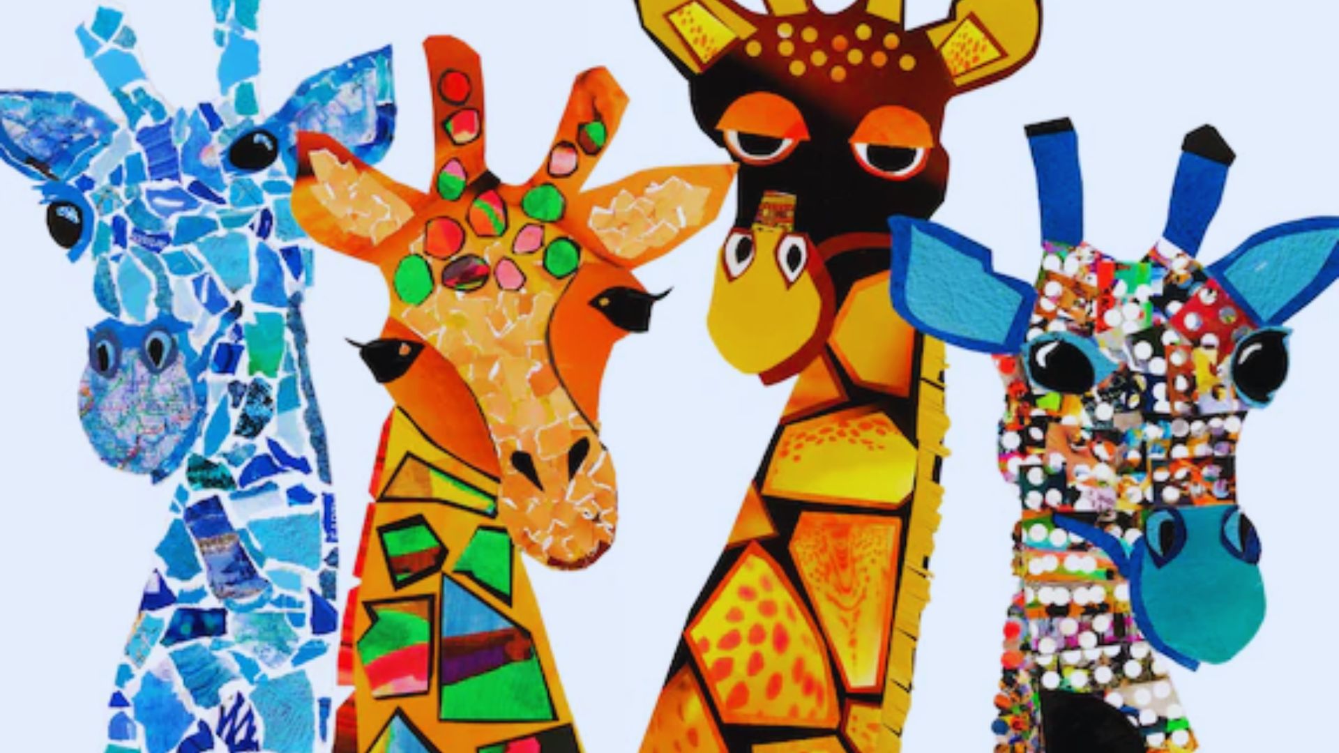 Three giraffes in vibrant colors, created from a colorful collage, stand together against a neutral background.