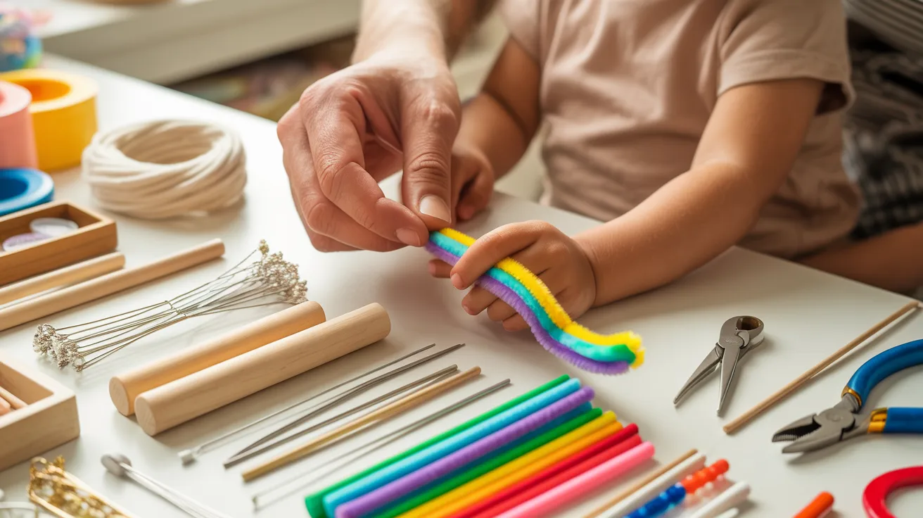 A Young Kid selecting materials for a DIY bubble wand, surrounded by colorful items like straws and string.
