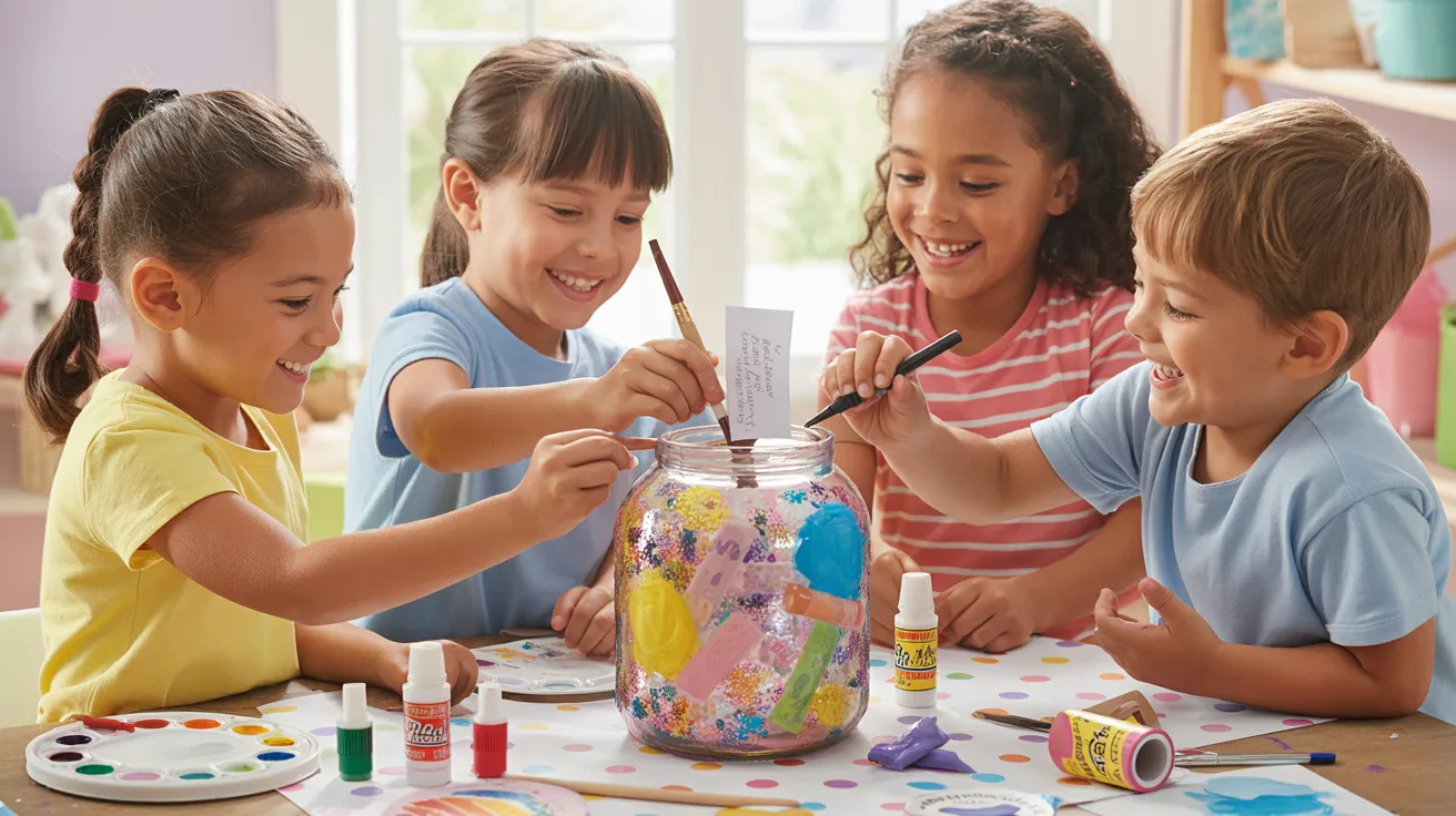 Children joyfully painting a jar using colorful paint and markers in a creative art activity.