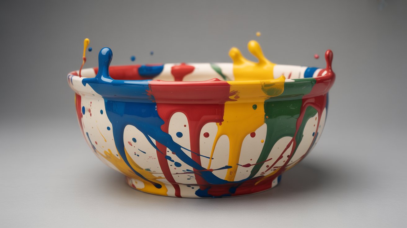 A bowl covered in colorful paint splatters, showcasing a vibrant and artistic design.