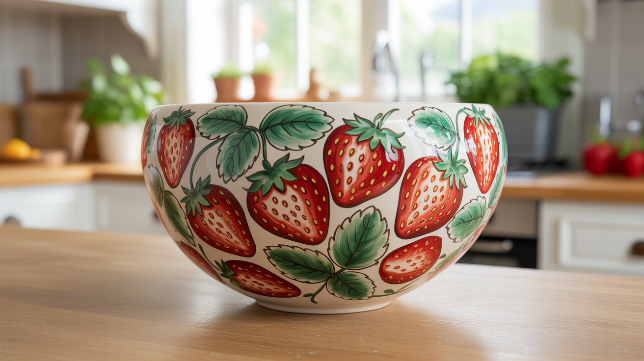 A decorative bowl featuring painted strawberries, placed on a kitchen counter.
