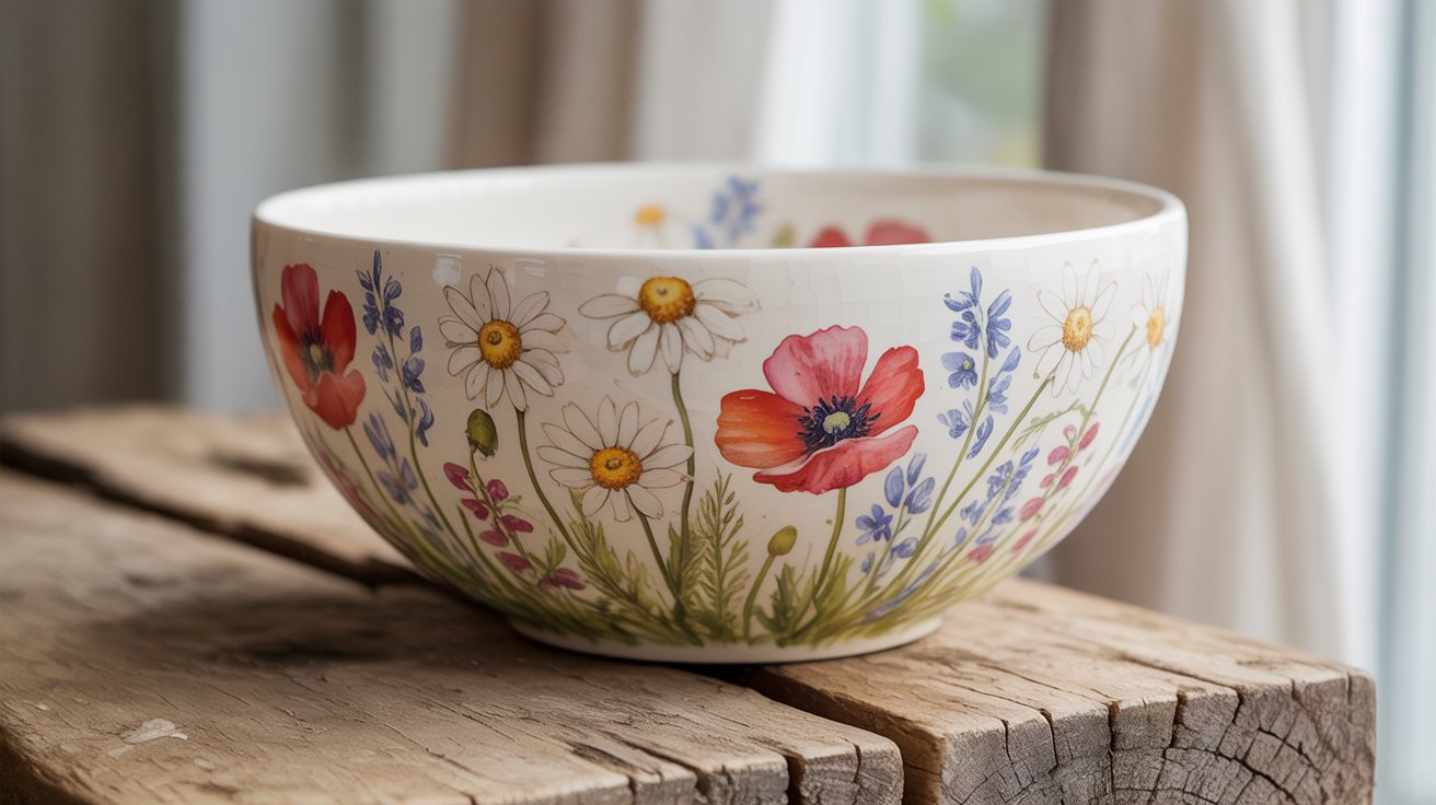 A decorative bowl with flower designs rests on a wooden table, showcasing its vibrant colors and craftsmanship.