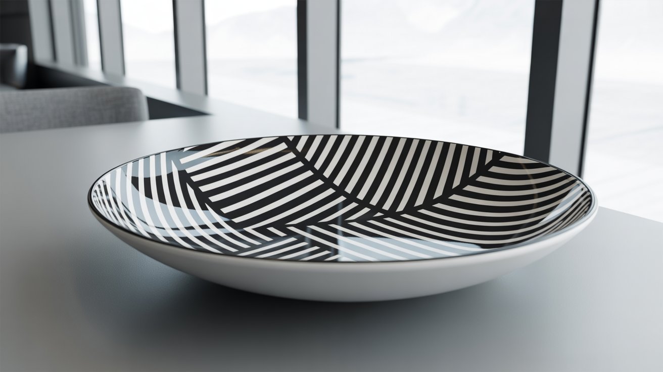 A decorative bowl featuring a striking black and white design.