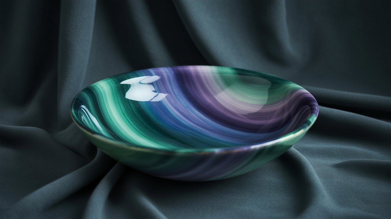A decorative bowl displaying a colorful swirl pattern in shades of purple, green, and blue.