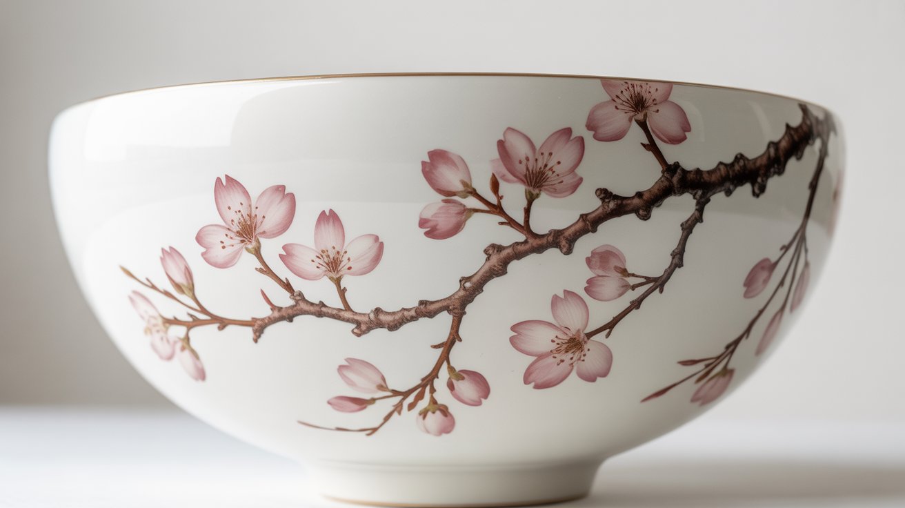 A bowl with an elegant cherry blossom motif, highlighting soft pink flowers against a contrasting background.