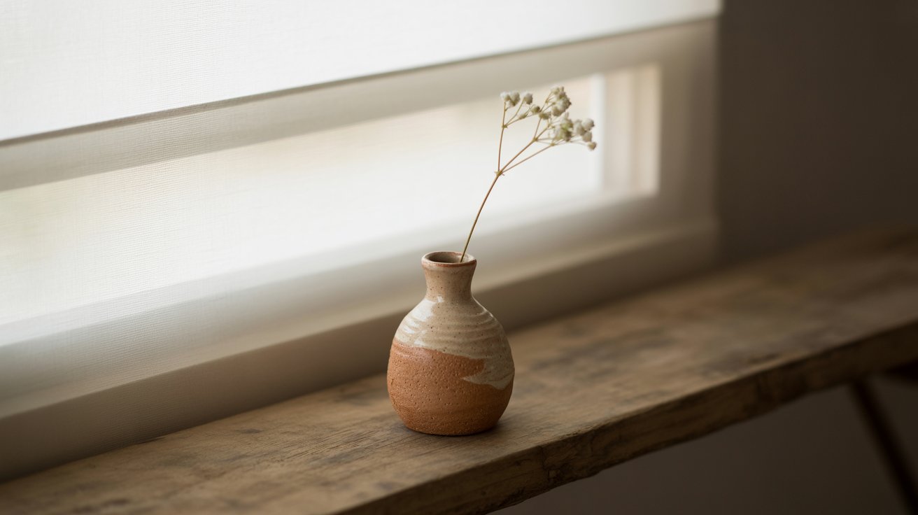 A small vase filled with colorful flowers rests on a wooden ledge, adding a touch of nature to the setting.