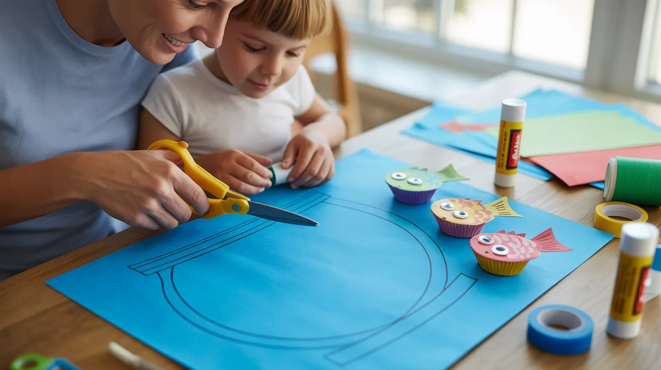 A woman and a child are engaged in cutting paper with scissors at a table, focusing on their craft activity.