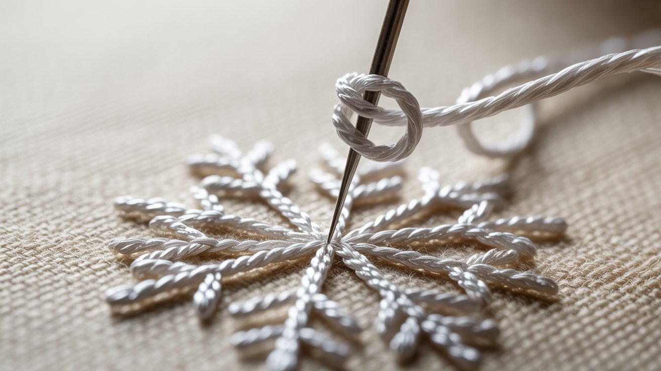 A needle stitching through a delicate snowflake, showcasing intricate craftsmanship in textile art.