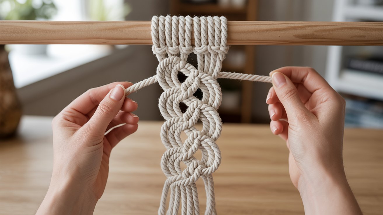 A person holds a length of macrame rope, showcasing its intricate knots and texture.