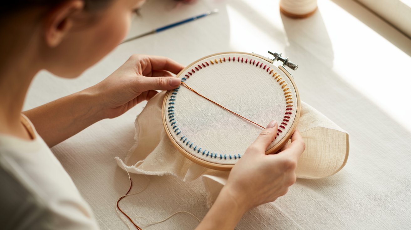 A woman holds a needle and thread in her hand, preparing to sew or mend fabric.