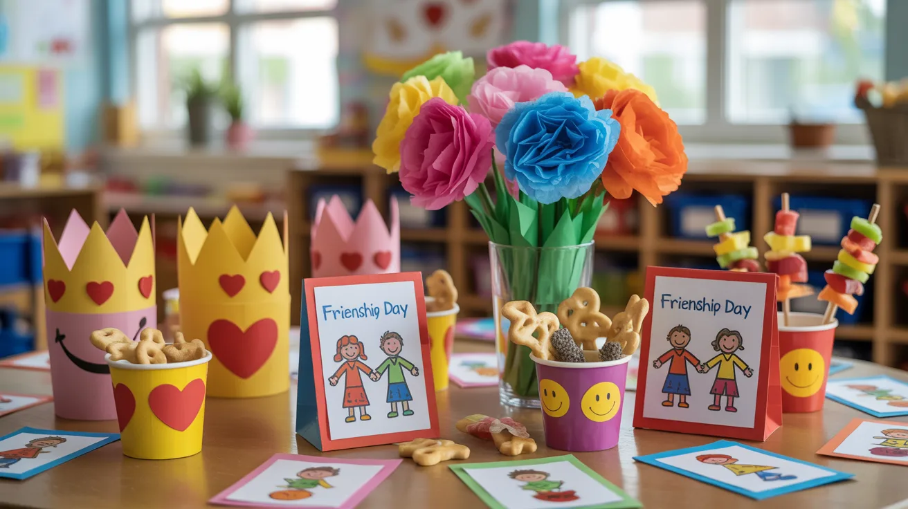 A table adorned with colorful paper flowers and an assortment of decorative cupcakes.