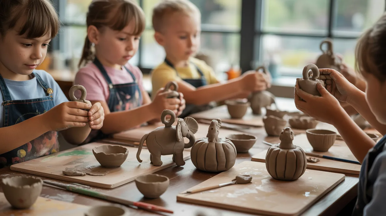 Children shaping clay pots at a table, engaged in a creative art activity together.