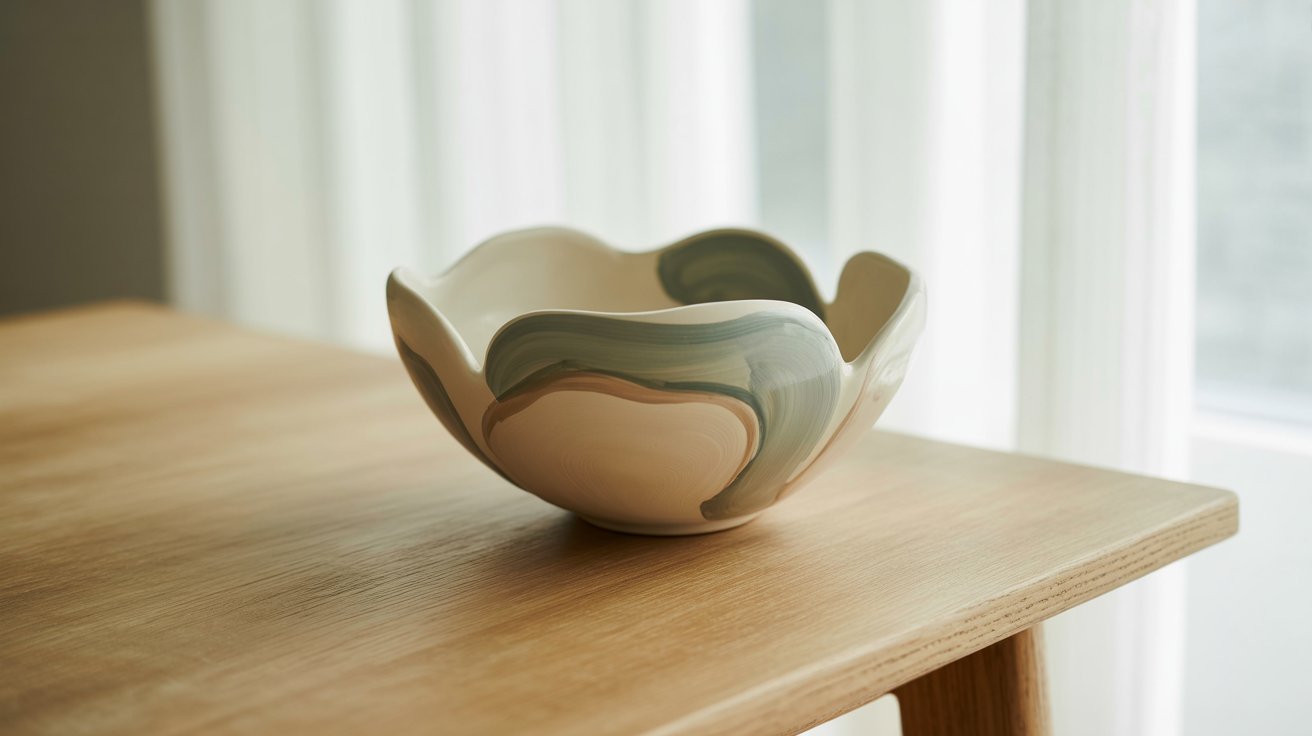 A white and green bowl placed on a wooden table, showcasing its colors against the natural wood grain.