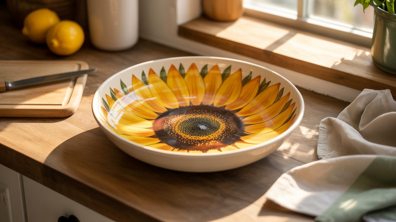 A bowl featuring a sunflower design rests on a kitchen counter, adding a cheerful touch to the space.