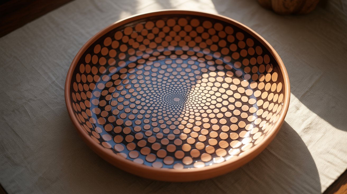 A decorative plate featuring a brown and black pattern, showcasing intricate designs on its surface.