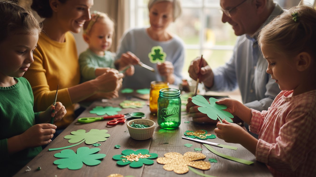 A family gathers around a table, creating shamrock crafts together, surrounded by colorful materials and decorations.