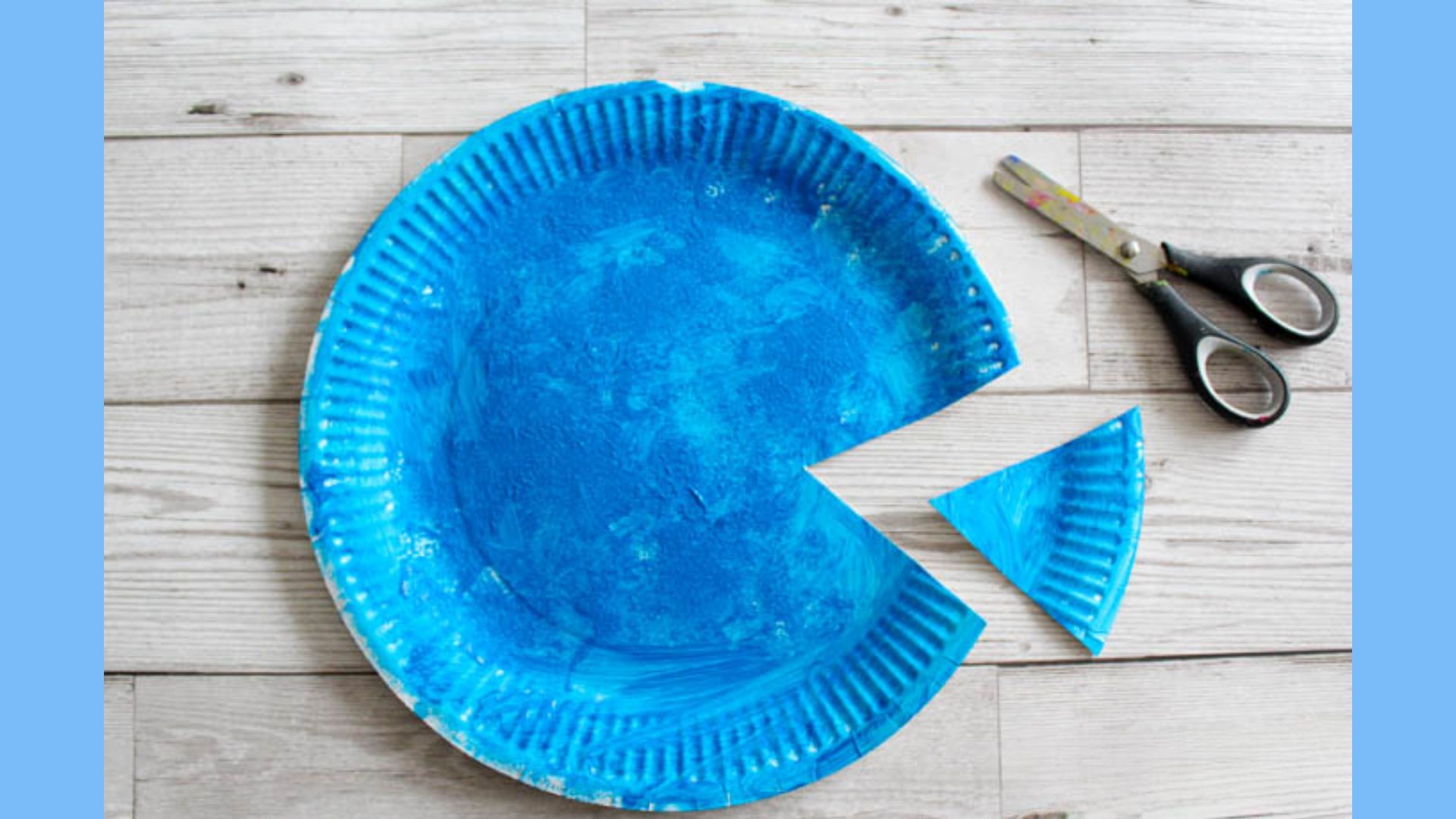 The first step of the Red Fish Blue Fish craft shows a painted paper plate with colorful designs and patterns.