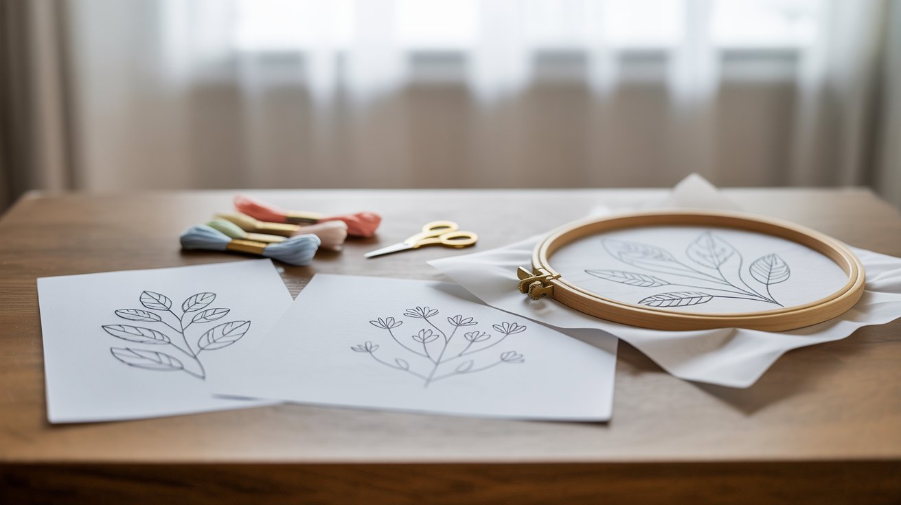A wooden embroidery hoop with colorful thread and a pair of scissors resting on it, ready for crafting.