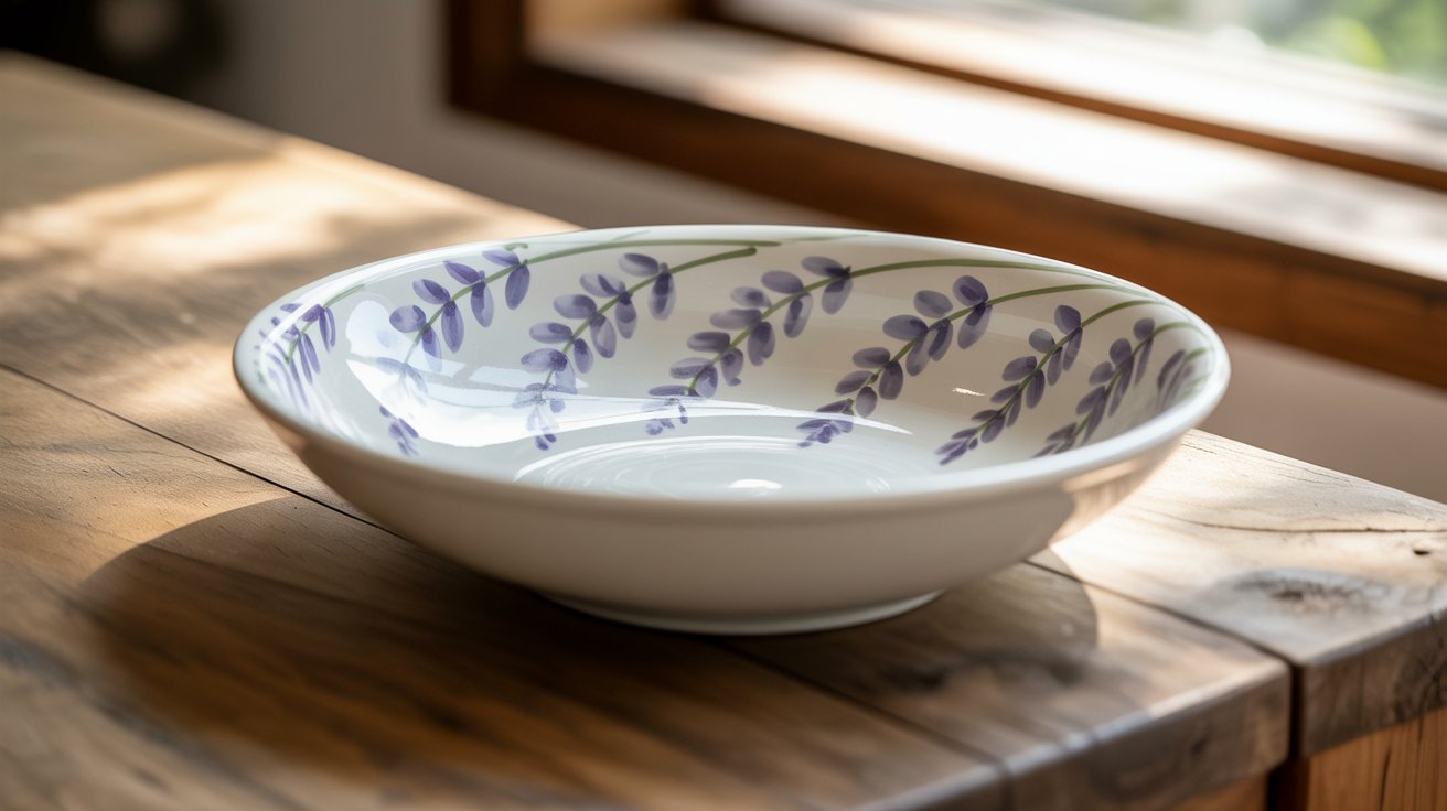 A bowl adorned with purple flowers placed on a wooden table, showcasing a vibrant and decorative centerpiece.