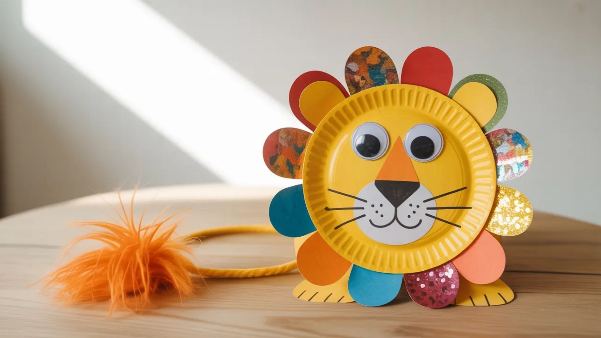 Colorful paper plate lion craft for kids, featuring a cheerful face and vibrant mane made from paper and craft supplies.
