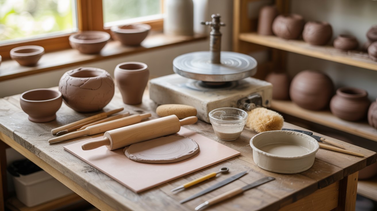 A collection of pottery making tools arranged on a table in a well-lit studio setting.
