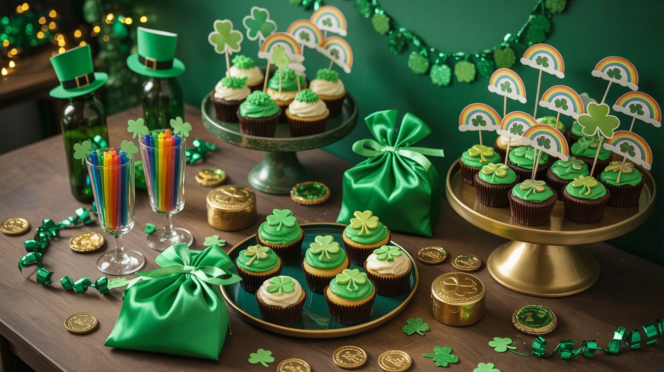 A display of festive St. Patrick's Day cupcakes decorated with green icing and shamrock toppers.