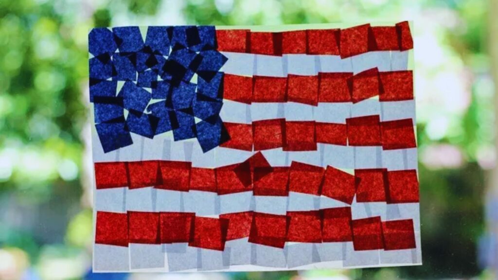 A decorative American flag made from paper and glue, illustrating a creative approach to patriotic crafts.