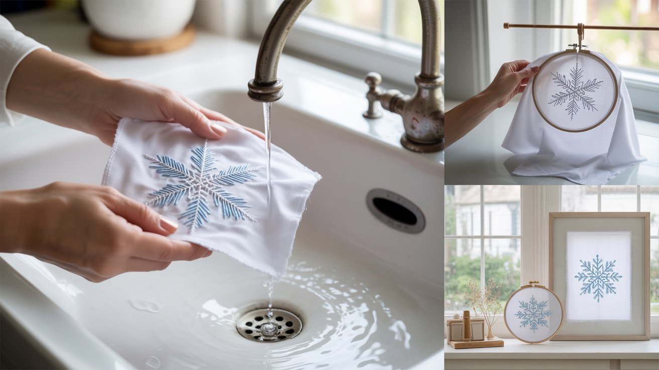 A woman washes a white embroidered snowflake gently in a sink filled with water.