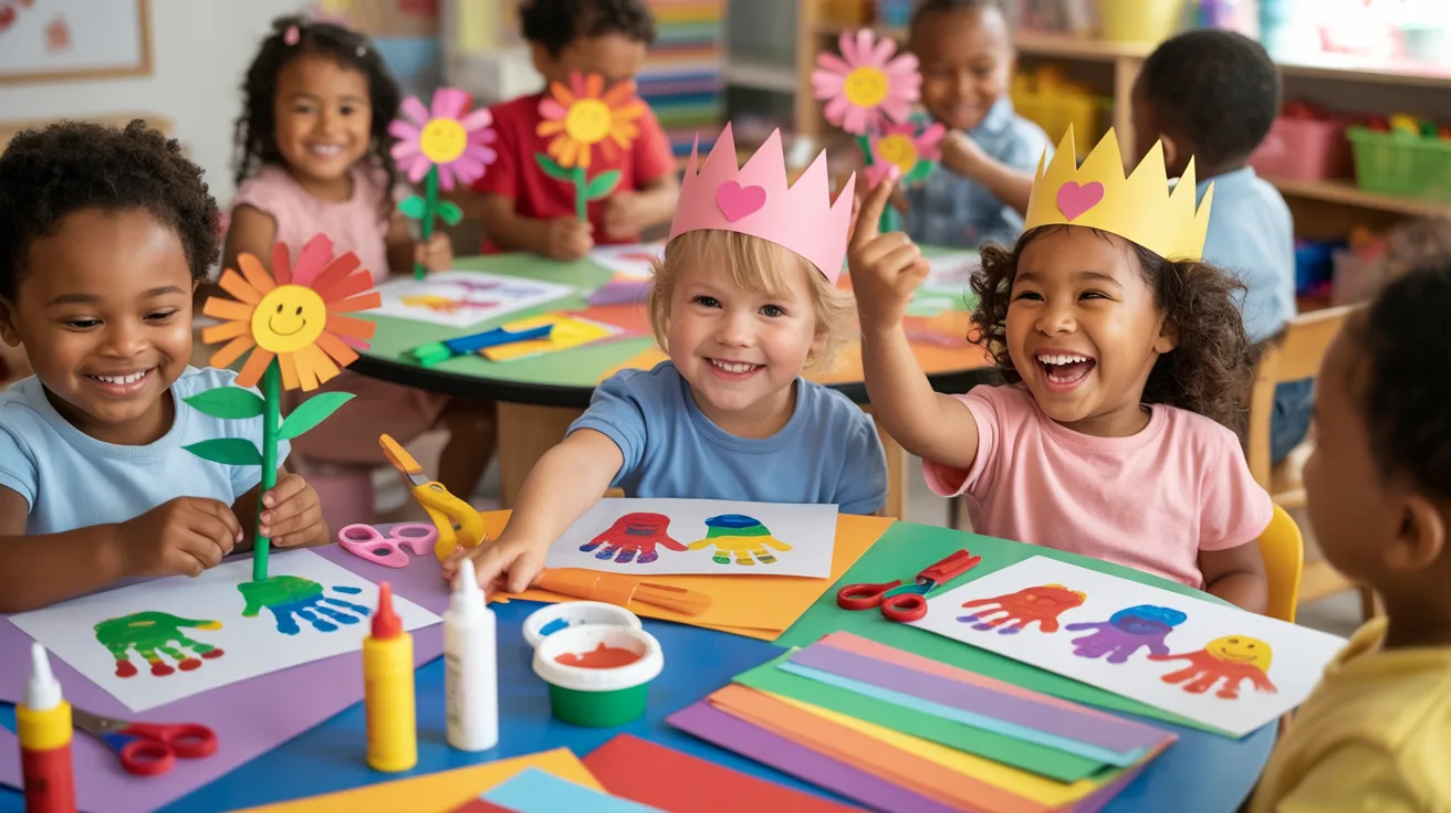 A classroom scene with children happily making paper crafts, surrounded by colorful materials and focused on their projects.