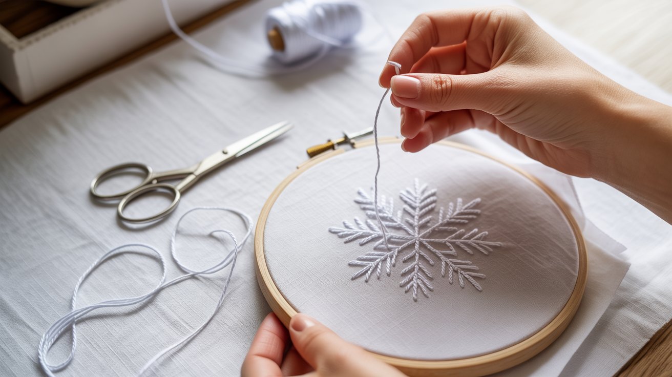 A person carefully sews a snowflake design into an embroidery hoop, showcasing their crafting skills and creativity.