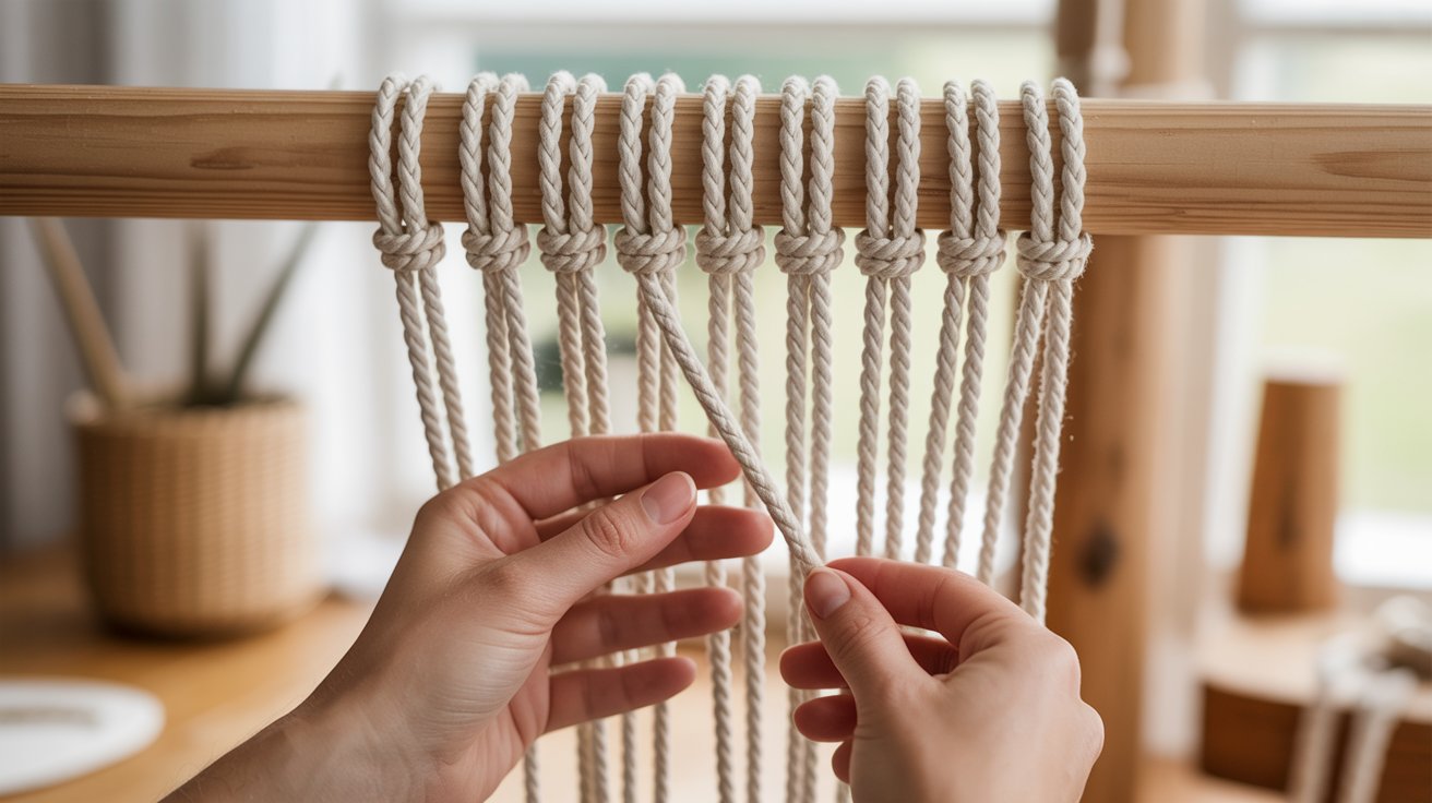 A person holds a rope on a wooden table, showcasing a textured surface and the rope's intricate details.