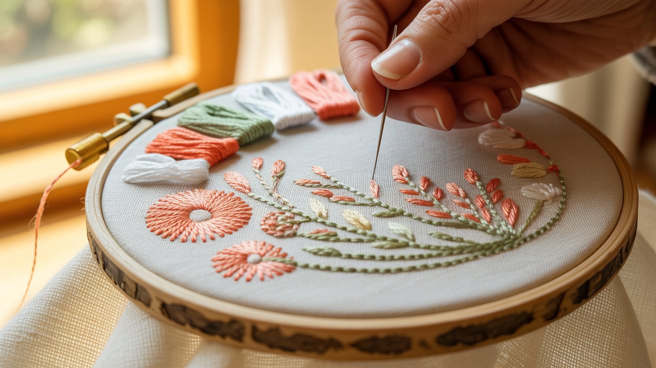 A person carefully stitches a colorful flower design onto fabric in an embroidery hoop.