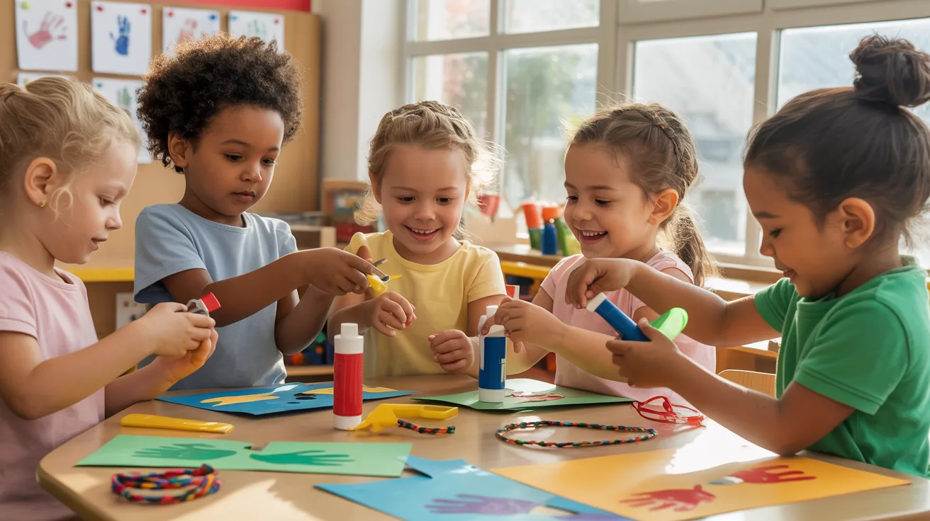 A group of children happily creating crafts with various supplies in a lively classroom environment.