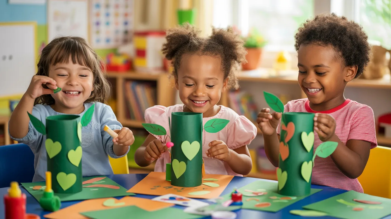 Three children are engaged in making paper crafts using green paper at a table.