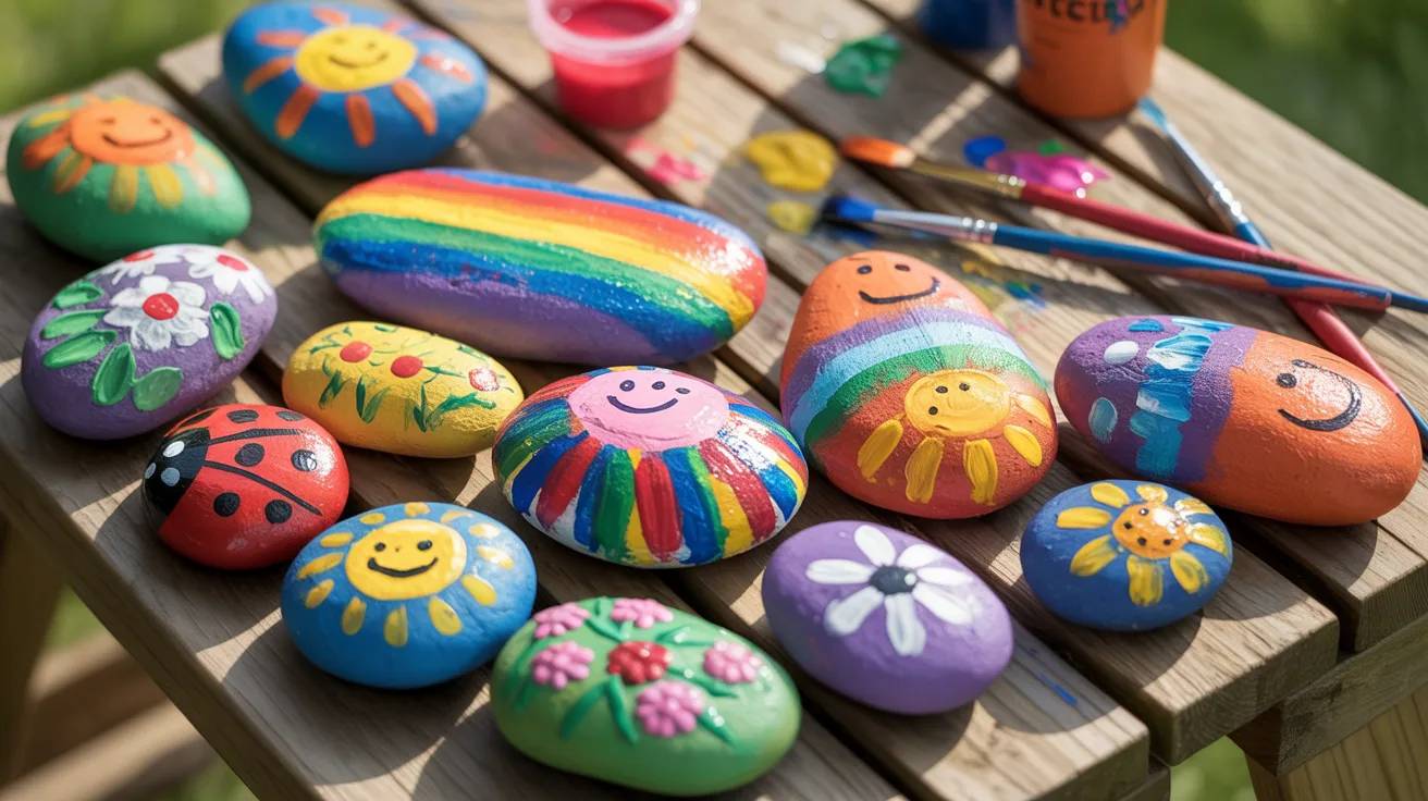 A table displaying colorful painted rocks alongside various paint brushes for creative art projects.