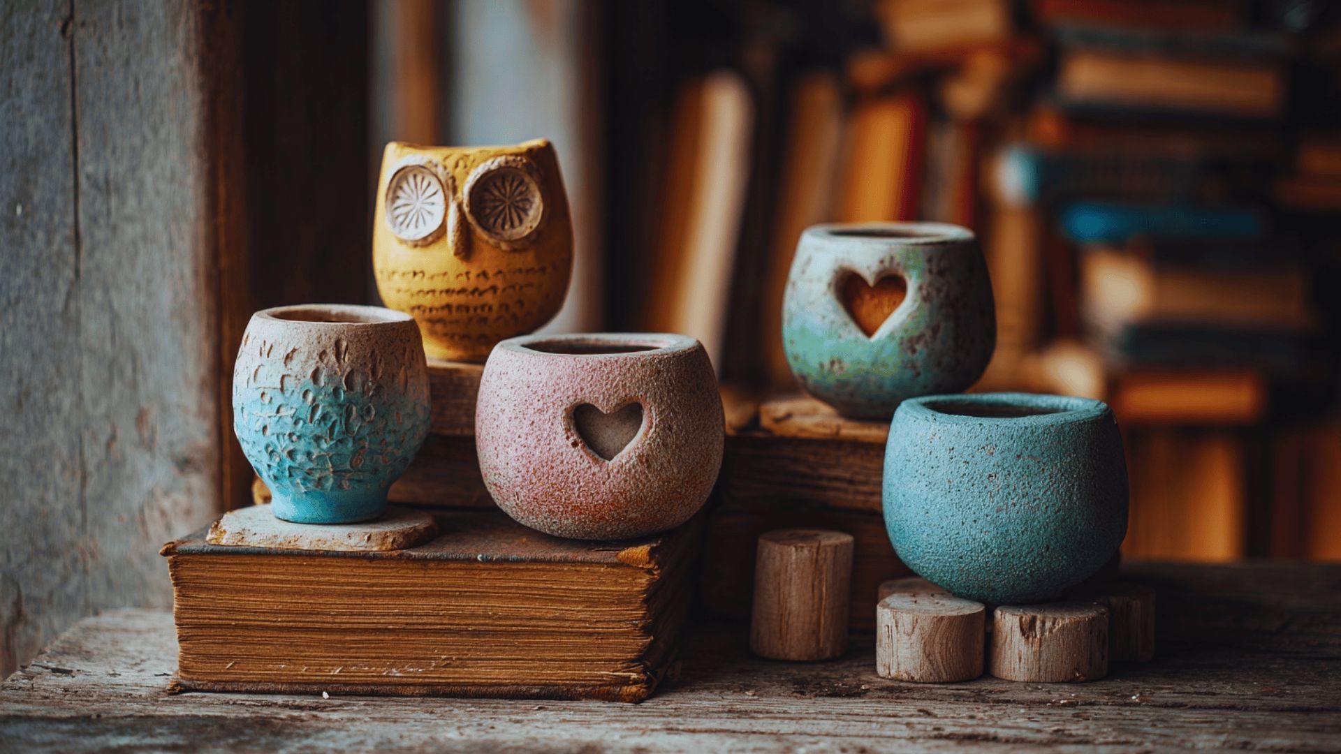 A collection of owl-shaped vases displayed on a wooden bookshelf, showcasing various colors and designs.