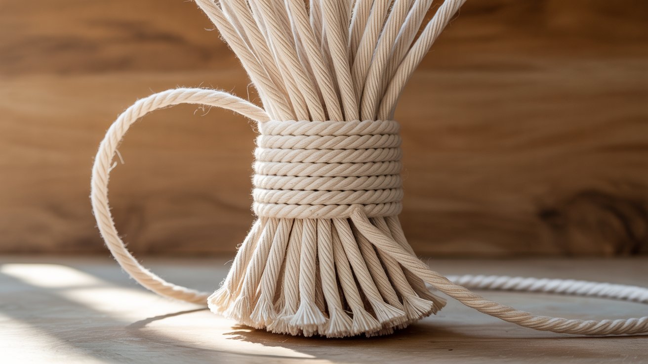 A rope with several white sticks securely tied along its length, creating a decorative or functional arrangement.