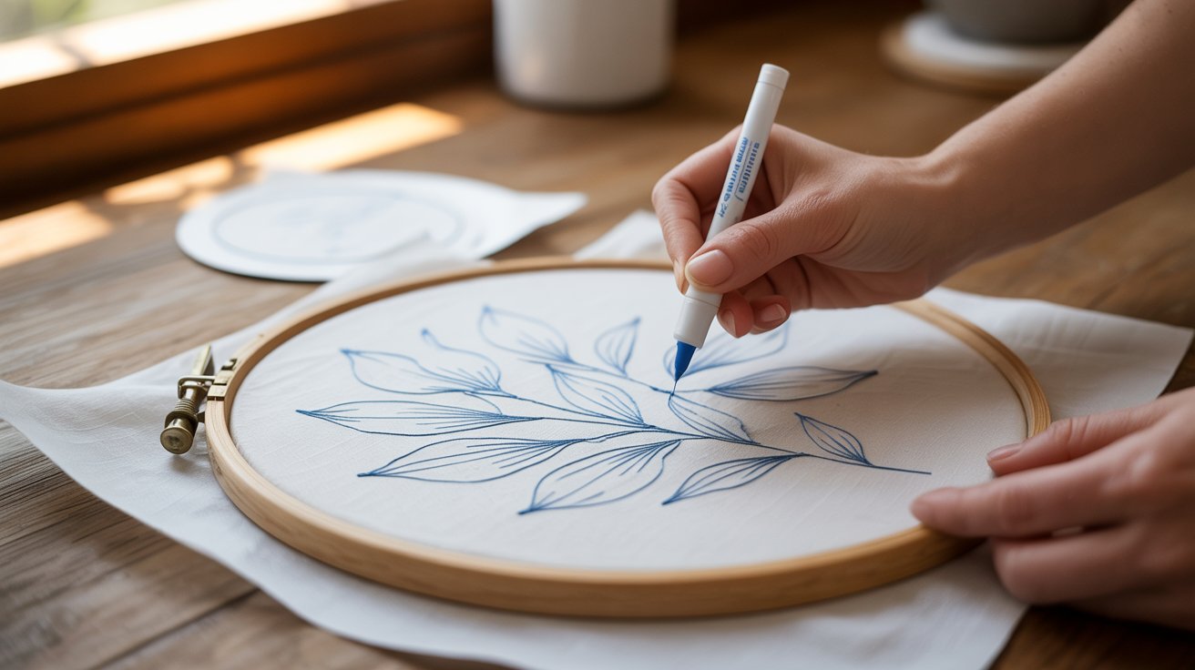 A person carefully draws a design on a piece of embroidery fabric, focusing intently on their work.