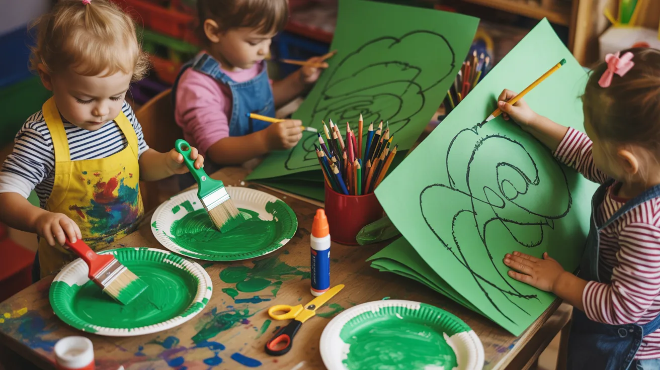 Children joyfully painting on paper with vibrant green paint, showcasing their creativity and artistic expression.