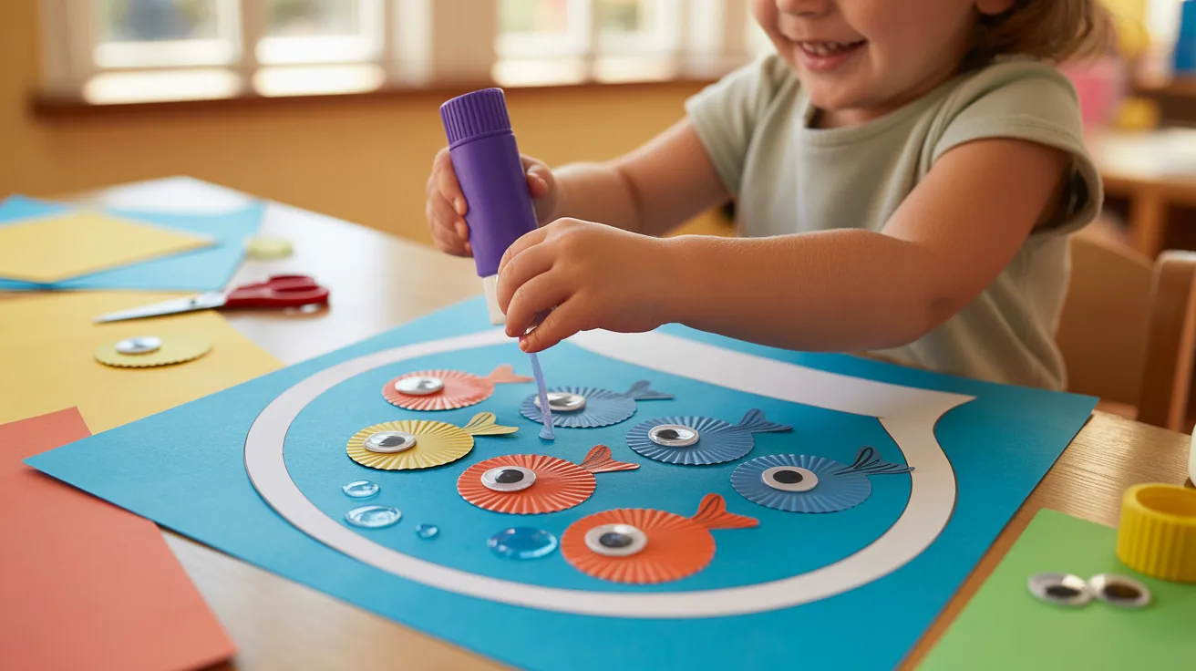 A child uses scissors to create a colorful fish craft, focused on their artistic project.